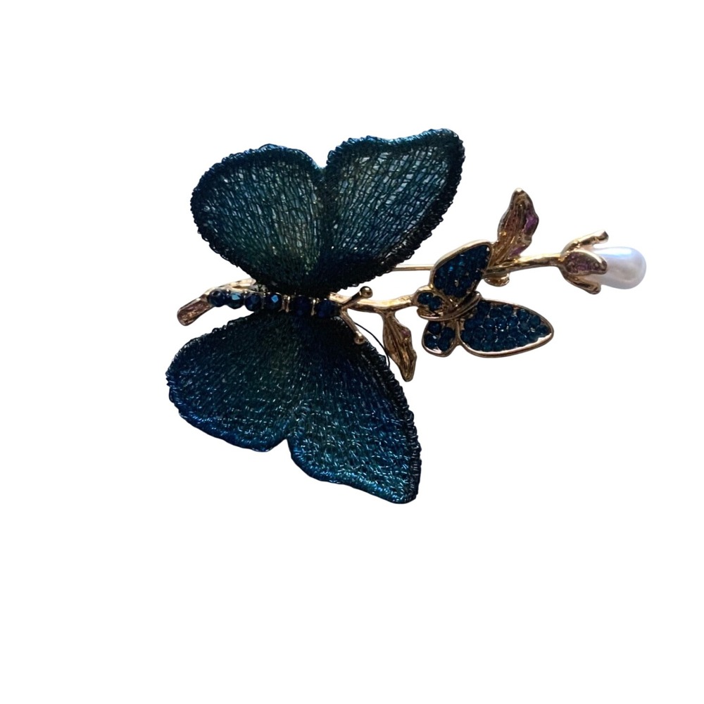 Embroidered Butterfly Brooch Gold Tone Teal Blue Mesh Wings Faux Pearl Pin